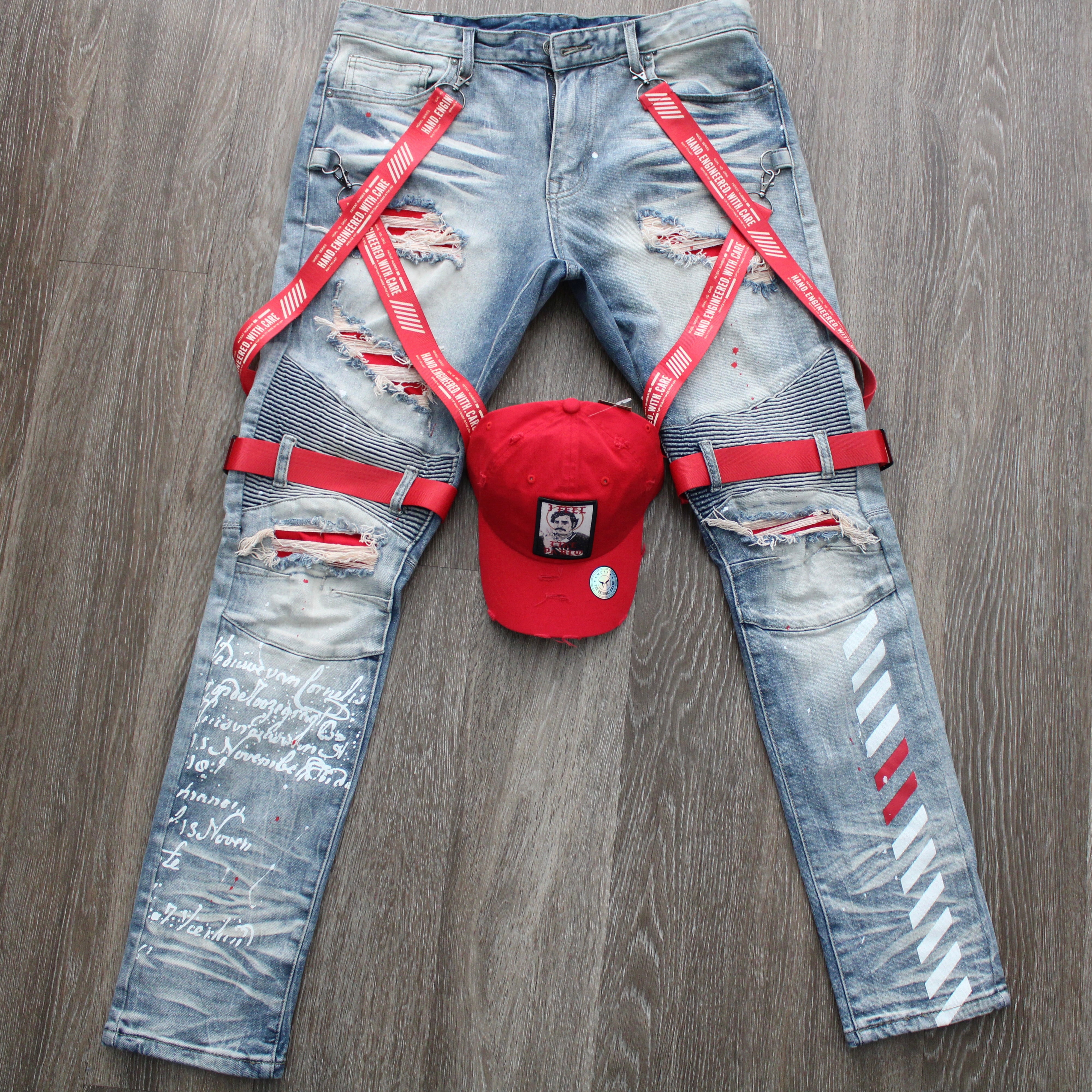 Utility Strap Jeans (Red)